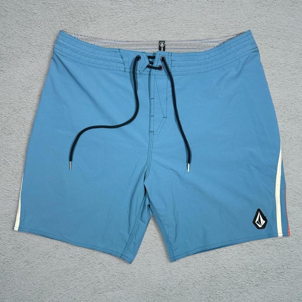 Volcom Mens Blue Board Shorts Curved Stripe Surf Trunks Size 34